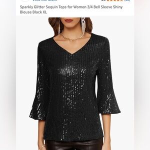 Grace Karin Black Sequin V-Neck 3/4 Bell Sleeve Top